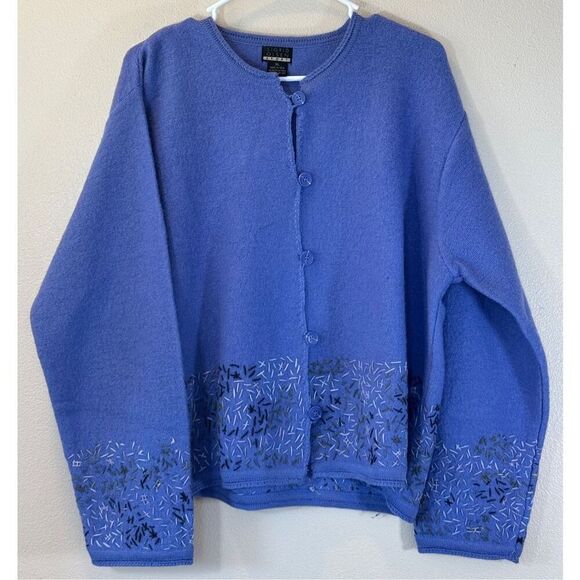 Sigrid Olsen 100% Shetland Wool  Button Up Embroidering Detail Cardigan Sweater - Picture 1 of 9